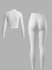 Sweetra Women's Solid Color Zip-Up Long Sleeve Top And Leggings Casual Daily Sports Set - White - View 3