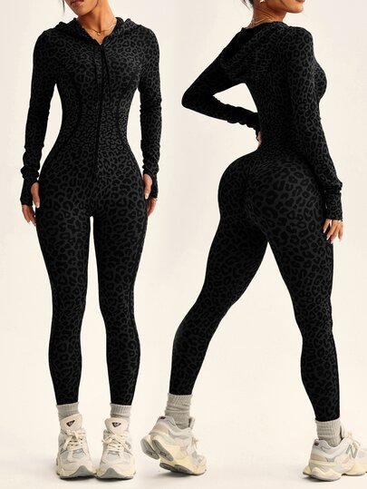 Slayform Slayform 1pc Women's Seamless Sexy Leopard Print Hooded Front Zipper Thumb Hole Long Sleeve Jumpsuit For Running, Fitness, Yoga, Sports