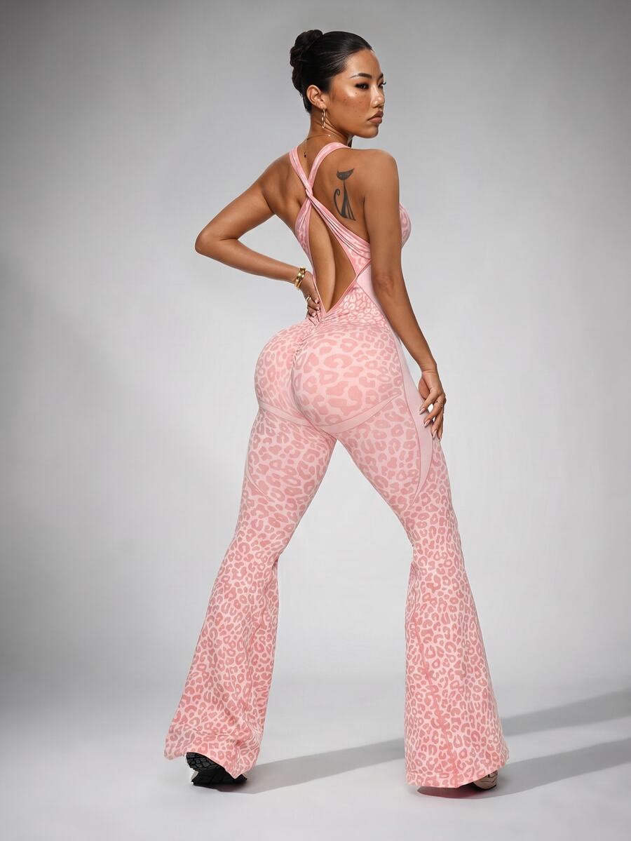 Slayform Slayform 1pc Leopard Print Twist Back V-Neck Wide Leg Jumpsuit Y2k Glowmode