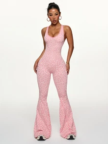 Slayform Slayform 1pc Leopard Print Twist Back V-Neck Wide Leg Jumpsuit Y2k Glowmode - Baby Pink - View 4