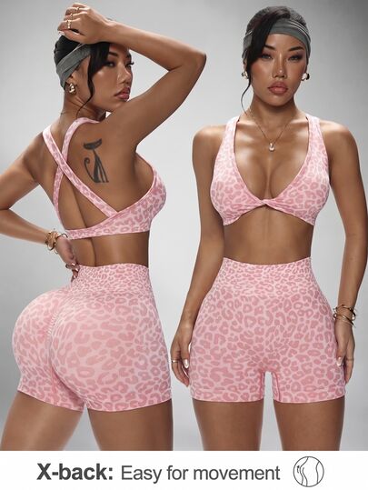 Slayform Slayform 2pcs Leopard Print Twisted Front Sports Bra And Shorts Co-Ord Set Workout Women Sets Y2k Glowmode