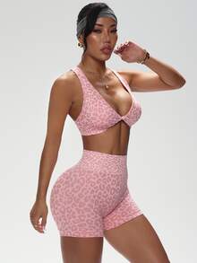 Slayform Slayform 2pcs Leopard Print Twisted Front Sports Bra And Shorts Co-Ord Set Workout Women Sets Y2k Glowmode - Multicolor - View 4