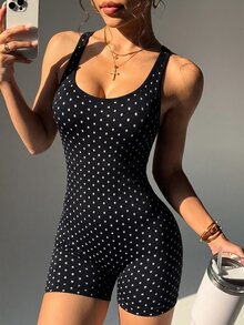 Slayform Slayform Seamless Knit Black And White Polka Dot Polka Dot Sports Athleisure Athletic Sexy Sporty Jumpsuit Gym Summer - Black and White - View 2