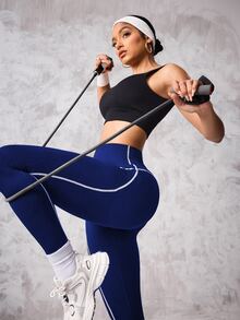 Slayform Slayform 1pc Black & White Contrast Stripe Pattern Cropped Leggings For Workout Yoga Women Pants - Blue and White - View 8