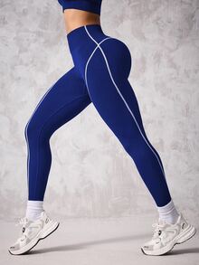 Slayform Slayform 1pc Black & White Contrast Stripe Pattern Cropped Leggings For Workout Yoga Women Pants - Blue and White - View 6