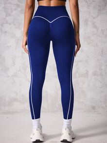 Slayform Slayform 1pc Black & White Contrast Stripe Pattern Cropped Leggings For Workout Yoga Women Pants - Blue and White - View 4