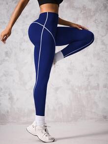 Slayform Slayform 1pc Black & White Contrast Stripe Pattern Cropped Leggings For Workout Yoga Women Pants - Blue and White - View 7
