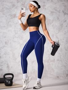 Slayform Slayform 1pc Black & White Contrast Stripe Pattern Cropped Leggings For Workout Yoga Women Pants - Blue and White - View 5