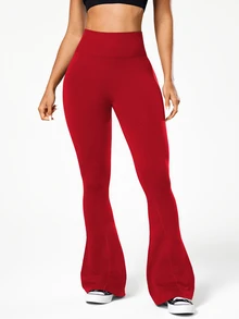 Slayform Slayform Solid Color High Waist Seamless Flare Leggings Gym Sport Dark Red Summer Soft Cute - Red - View 4