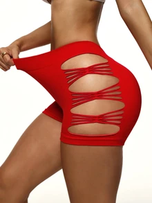 Slayform Slayform 1pc Women Ripped Backline V-Neck Ultra Short Running Shorts For Workout Workout Short Y2k Glowmode - Red - View 3