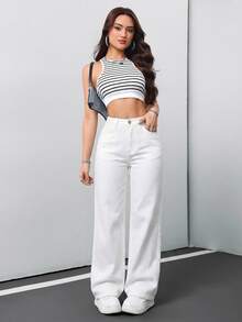SHEIN Tall CURVE 大尺碼女款白色寬腿牛仔褲，夏季絲滑休閒正裝日常高腰牛仔褲，寬鬆復古度假機場夜店風 - 白色 - 查看 9