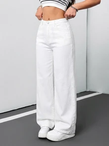 SHEIN Tall CURVE 大尺碼女款白色寬腿牛仔褲，夏季絲滑休閒正裝日常高腰牛仔褲，寬鬆復古度假機場夜店風 - 白色 - 查看 7