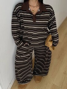 POPSWAY Plus Striped Polo Neck Drop Shoulder Tee & Wide Leg Pants Fall - Multicolor - View 6