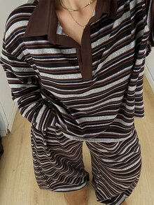 POPSWAY Plus Striped Polo Neck Drop Shoulder Tee & Wide Leg Pants Fall - Multicolor - View 4