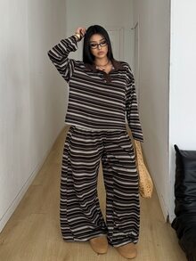 POPSWAY Plus Striped Polo Neck Drop Shoulder Tee & Wide Leg Pants Fall - Multicolor - View 5