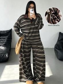 POPSWAY Plus Striped Polo Neck Drop Shoulder Tee & Wide Leg Pants Fall - Multicolor - View 1