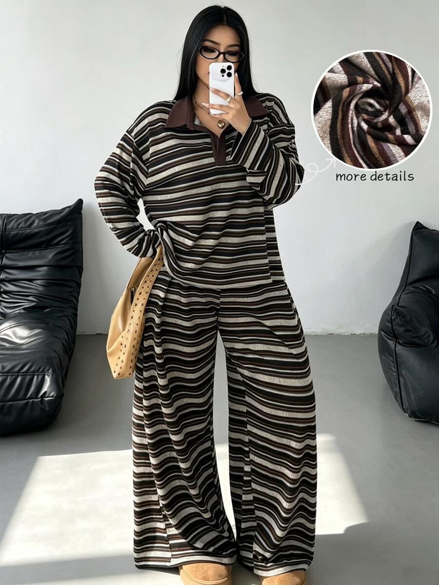 POPSWAY Plus Striped Polo Neck Drop Shoulder Tee & Wide Leg Pants Fall - Multicolor - View 1