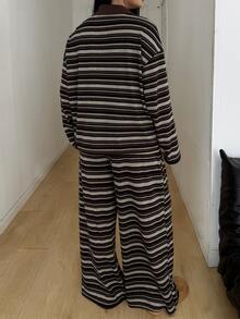 POPSWAY Plus Striped Polo Neck Drop Shoulder Tee & Wide Leg Pants Fall - Multicolor - View 2