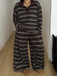 POPSWAY Plus Striped Polo Neck Drop Shoulder Tee & Wide Leg Pants Fall - Multicolor - View 7