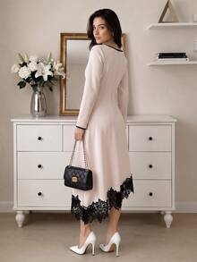 Modelyn Women's Midi Dress Elegant Mature French Square Neck Contrast Trim Long Sleeve A Line Asymmetrical Lace Hem For Brunch Dinner Date Fall Black And Pink - Apricot - View 3