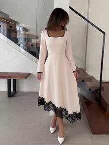 Modelyn Women's Midi Dress Elegant Mature French Square Neck Contrast Trim Long Sleeve A Line Asymmetrical Lace Hem For Brunch Dinner Date Fall Black And Pink - Apricot - View 4