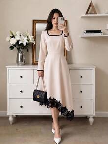 Modelyn Women's Midi Dress Elegant Mature French Square Neck Contrast Trim Long Sleeve A Line Asymmetrical Lace Hem For Brunch Dinner Date Fall Black And Pink - Apricot - View 5