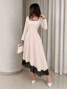 Modelyn Women's Midi Dress Elegant Mature French Square Neck Contrast Trim Long Sleeve A Line Asymmetrical Lace Hem For Brunch Dinner Date Fall Black And Pink - Apricot - View 2