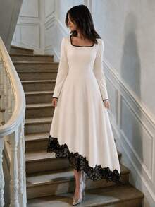 Modelyn Women's Midi Dress Elegant Mature French Square Neck Contrast Trim Long Sleeve A Line Asymmetrical Lace Hem For Brunch Dinner Date Fall Black And Pink - Apricot - View 6