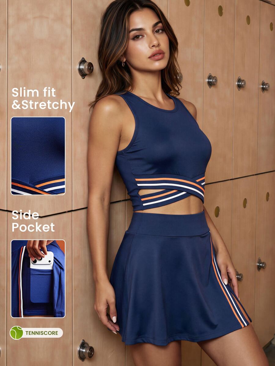 CourtClass CourtClass Setelan Olahraga Wanita Serbaguna dengan Atasan Tank Top Leher Bulat dan Rok Celana Pendek Berkantong, Warna Biru Tua, Cocok untuk Latihan di Gym dan Musim Panas. - Navy Blue - View 1