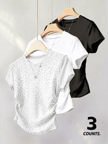 Lalippa 3件組女款T恤套裝，夏季外出上衣，經典黑、白、豹紋印花，多色組合，收腰設計，日常穿著，休閒百搭，學生通勤風 - 彩色 - 查看 1