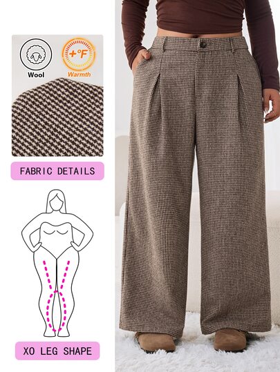 Solflare Pantalones de traje holgados de pierna ancha con pliegues y estampado de pata de gallo para mujer de talla grande