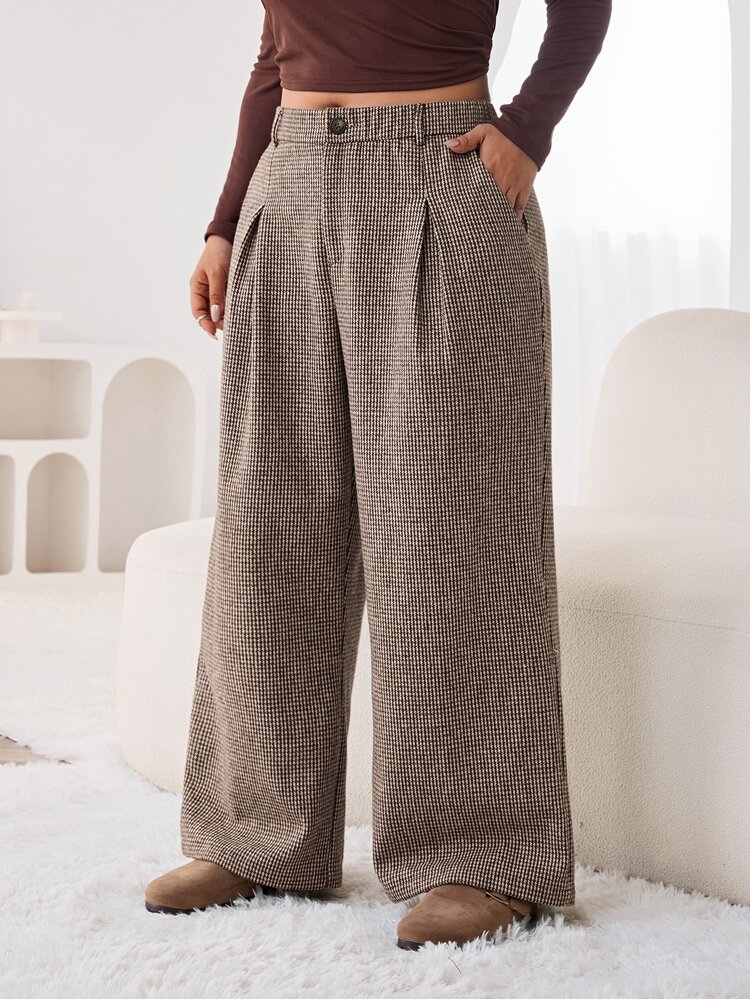 Solflare Plus Size Women's Houndstooth Pleated Wide Leg Loose Suit Pants - Multicolor - View 3