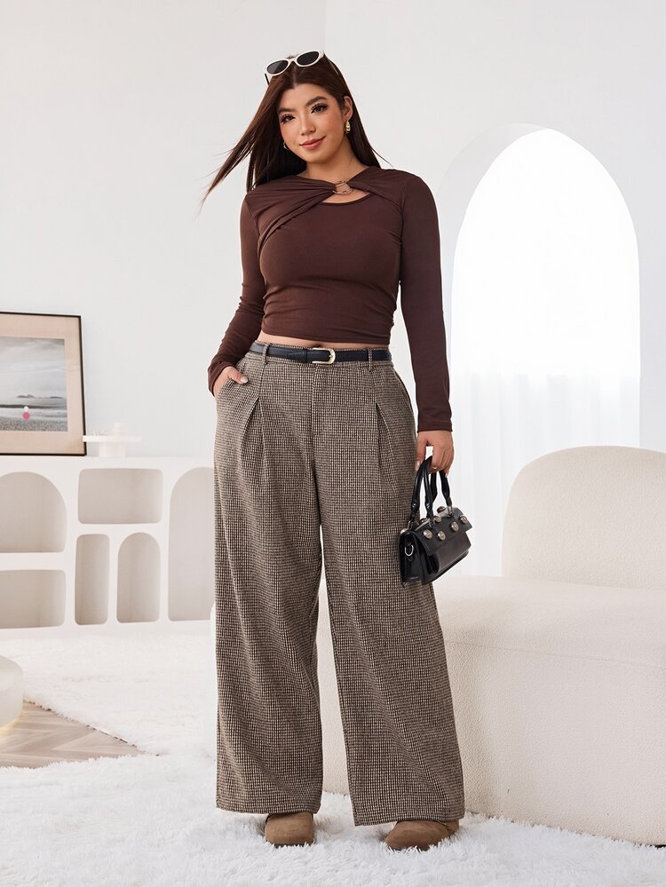 Solflare Plus Size Women's Houndstooth Pleated Wide Leg Loose Suit Pants - Multicolor - View 4