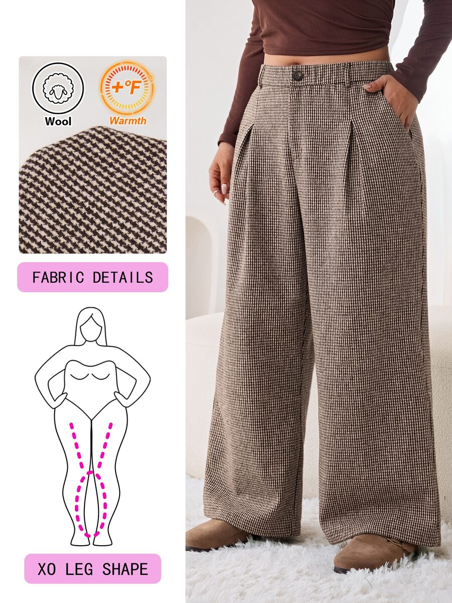 Solflare Plus Size Women's Houndstooth Pleated Wide Leg Loose Suit Pants - Multicolor - View 1