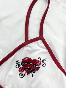 IslaSuriya 女款字母愛心印花拼接色休閒 Y2K 吊帶背心上衣 外出穿搭 白色與紅色 夏季 - 彩色 - 查看 7