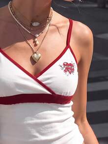 IslaSuriya 女款字母愛心印花拼接色休閒 Y2K 吊帶背心上衣 外出穿搭 白色與紅色 夏季 - 彩色 - 查看 3