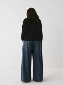 YARNWELL 大尺碼女款純色V領落肩長袖休閒針織衫 秋季 - 黑色 - 查看 2