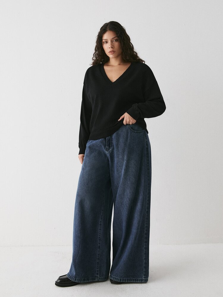 YARNWELL Plus Size Women Solid Color V-Neck Dropped Shoulder Long Sleeve Casual Sweater Fall - Black - View 4
