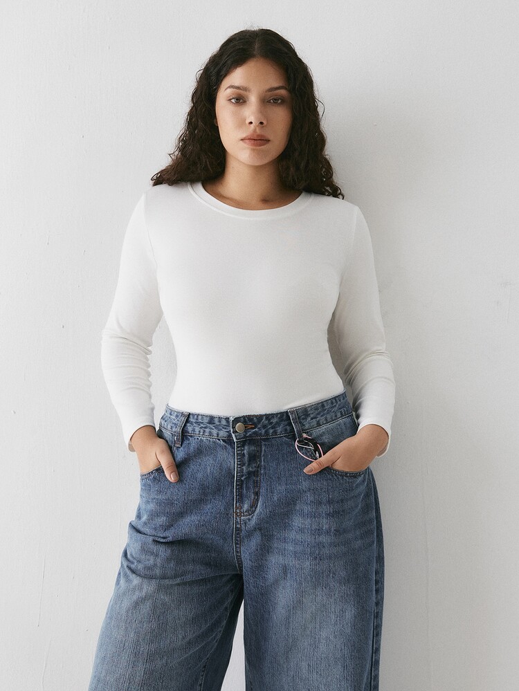 YARNWELL Plus Size Women's Solid Color Crew Neck Casual Everyday Long Sleeve T-Shirt Fall - White - View 6