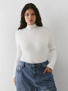YARNWELL 大尺碼女款純色小高領長袖保暖內搭毛衣 秋季 - 白色 - 查看 8