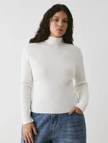 YARNWELL 大尺碼女款純色小高領長袖保暖內搭毛衣 秋季 - 白色 - 查看 5