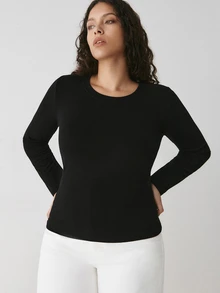 YARNWELL Plus Size Women Solid Color Round Neck Casual Everyday Long Sleeve T-Shirt Fall - Black - View 6