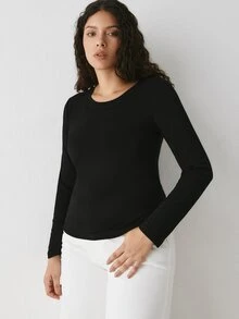 YARNWELL Plus Size Women Solid Color Round Neck Casual Everyday Long Sleeve T-Shirt Fall - Black - View 5
