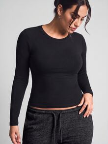 YARNWELL Plus Size Women Solid Color Round Neck Casual Everyday Long Sleeve T-Shirt Fall - Black - View 7