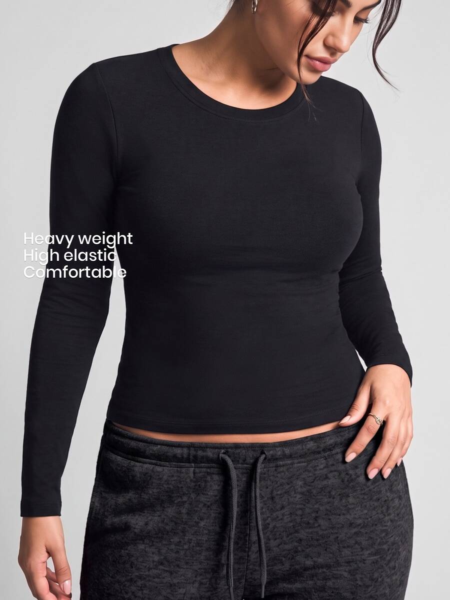 YARNWELL Plus Size Women Solid Color Round Neck Casual Everyday Long Sleeve T-Shirt Fall - Black - View 1