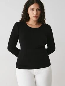 YARNWELL Plus Size Women Solid Color Round Neck Casual Everyday Long Sleeve T-Shirt Fall - Black - View 3