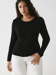 YARNWELL Plus Size Women Solid Color Round Neck Casual Everyday Long Sleeve T-Shirt Fall - Black - View 4