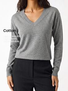 YARNWELL Atasan Rajut Kasual Serbaguna Wanita Warna Polos dengan Leher V untuk Sehari-hari - Grey - View 3