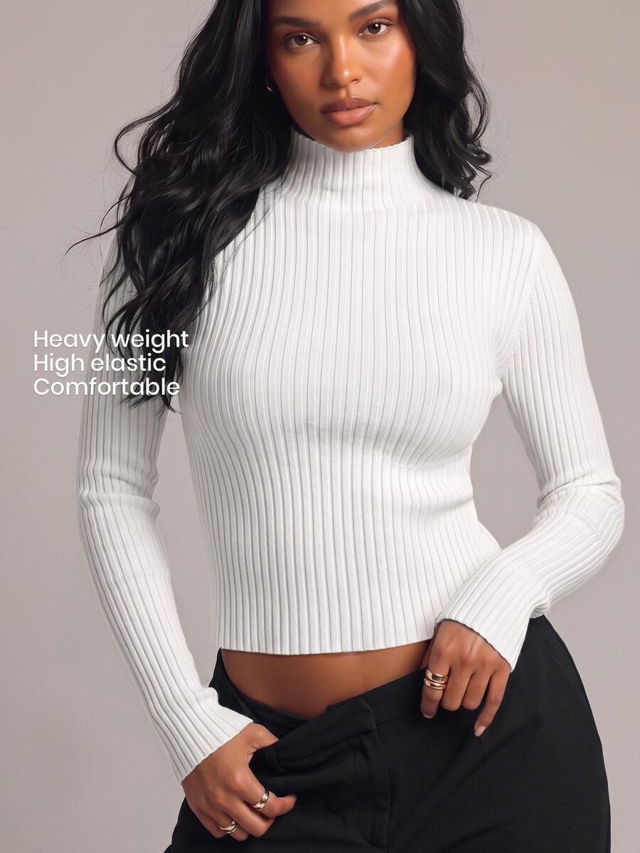 YARNWELL Women's Solid Color Stand Collar Slim Fit Versatile Daily Wear Long Sleeve Knit Top