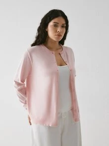 YARNWELL Plus Size Casual Versatile Solid Color Thin Cardigan Fall - Pink - View 7